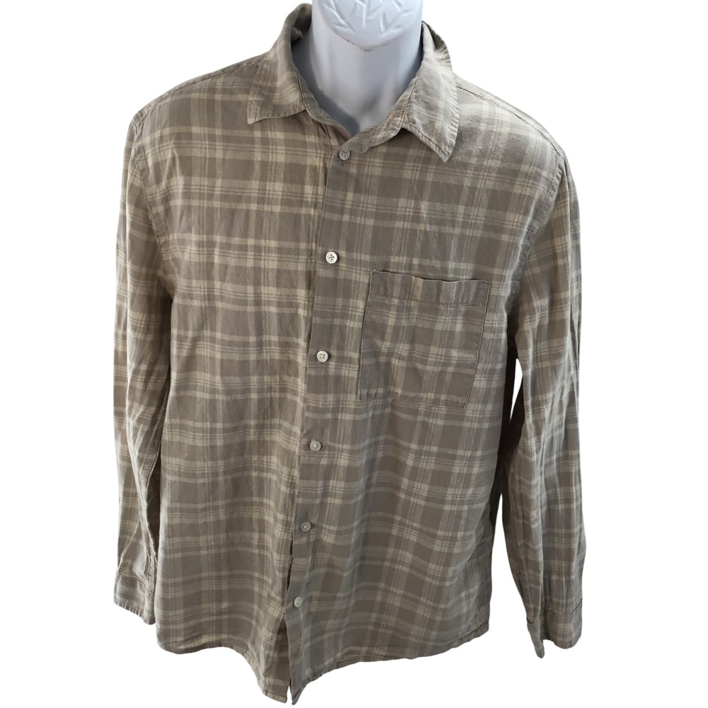 HM Mens Regular Fit Plaid Button Down Shirt‎ Tan Beige Long Sleeve Medium